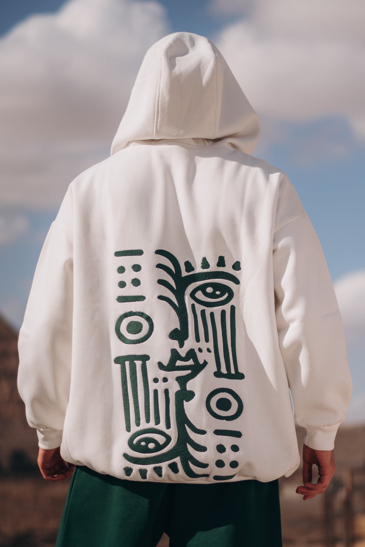 Off-White Hoodie with Green Back bohemian Print