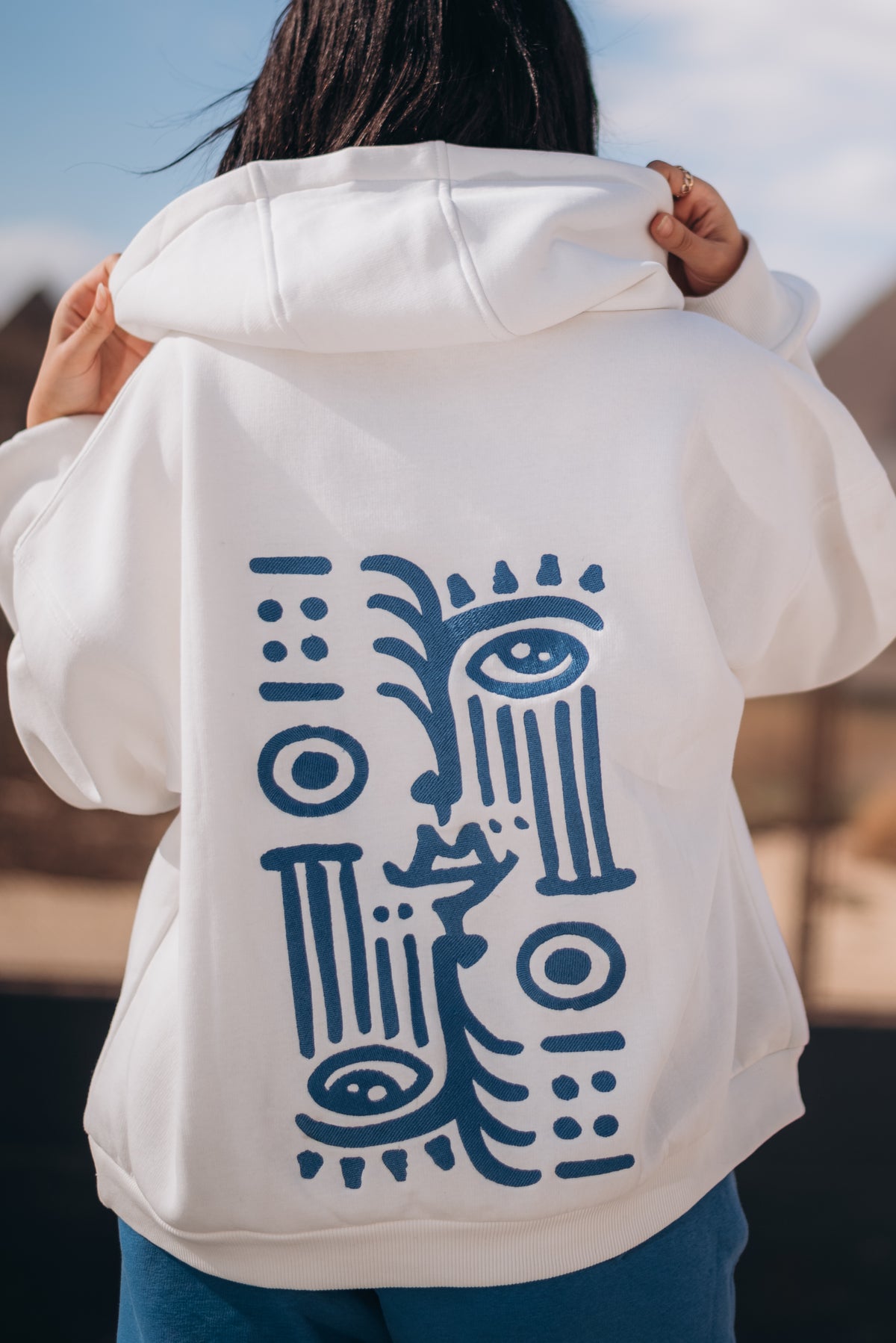 Off-White Hoodie with Blue Back bohemian Print
